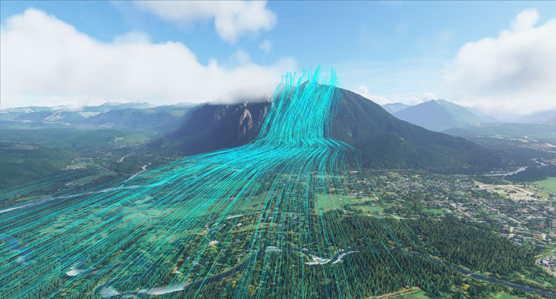 Example of how wind flows over the terrain and affects the flight of the aircraft.