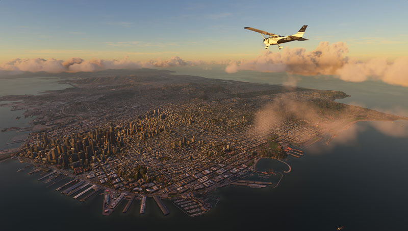 Cessna flying over cityscape with highly detailed clouds on the horizon.