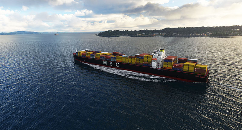 MSC Container Ship displayed in MSFS after installing this global coverage mod.