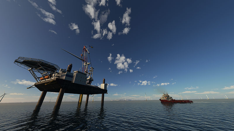 A shot showing a North Sea oil rig and tanker boat in Microsoft Flight Simulator.