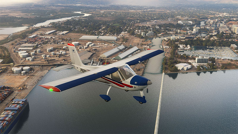 P92 Echo flying over city in MSFS.