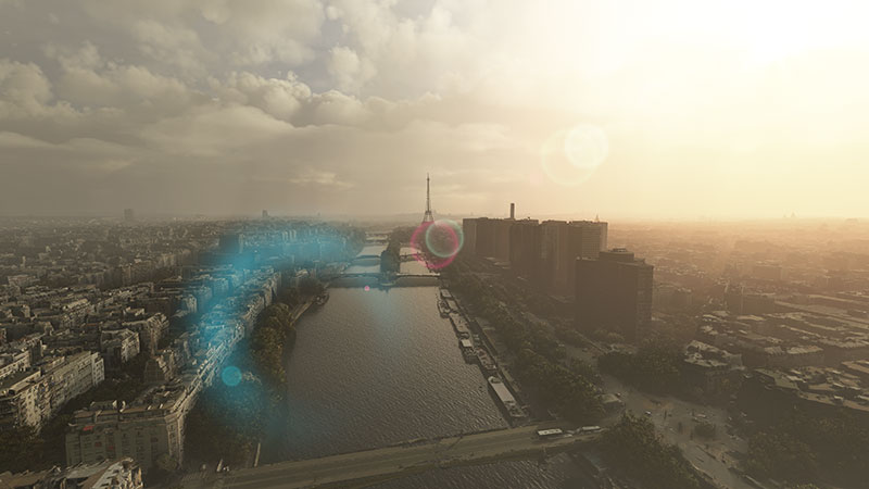 Река Сейн, минаваща през Париж с Айфеловата кула, показана в симулатора на Microsoft Flight