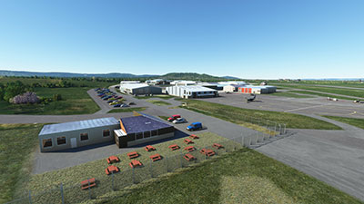 Overview of Gloucestershire Airport (EGBJ) in the simulator after the mod was installed.