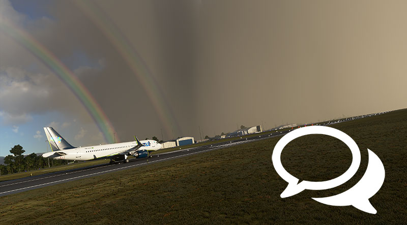 Rainbow and rain weather effects shown in MSFS at max graphics settings with an overlay of comments icon.