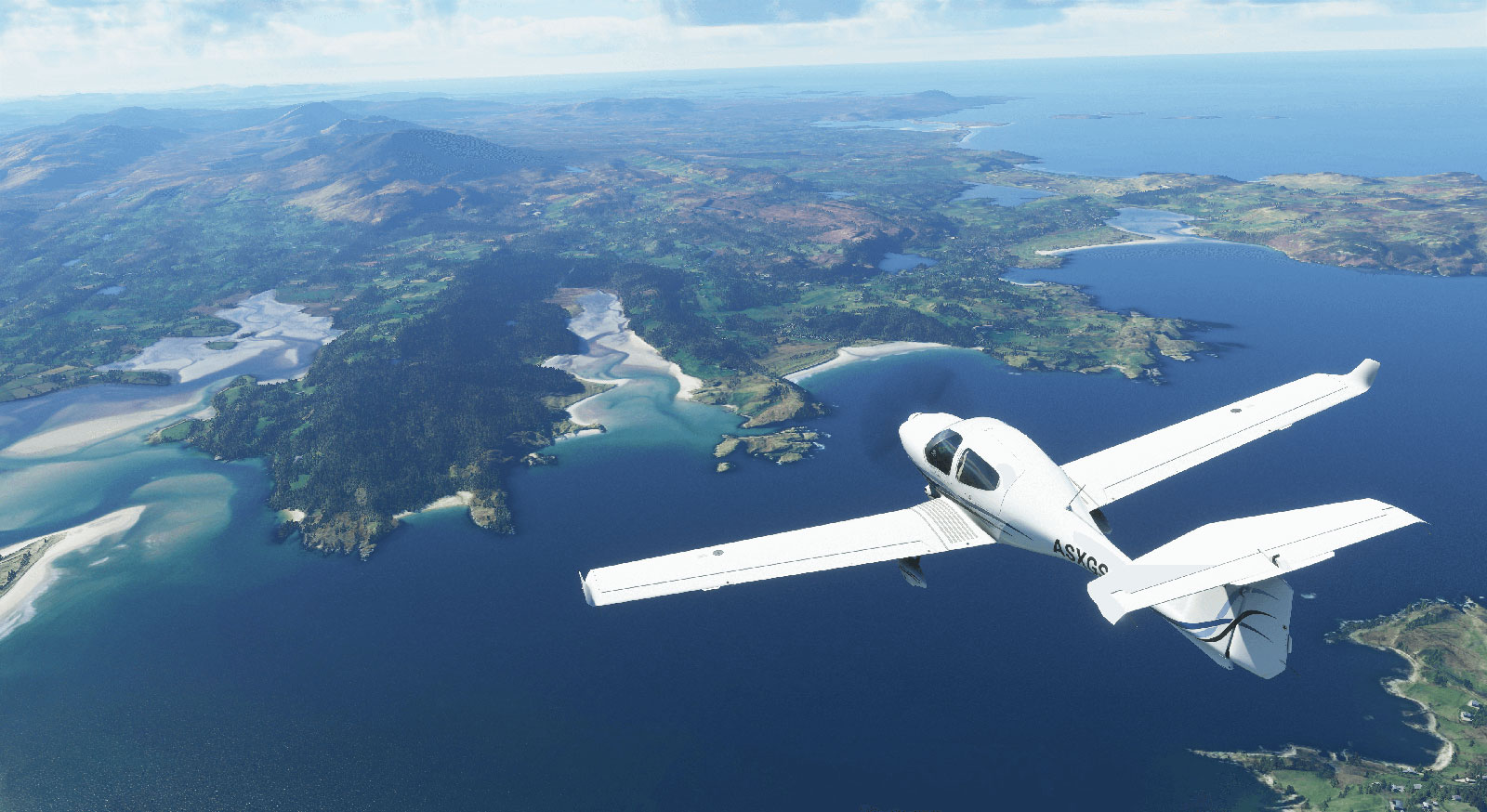 Aircraft flying over islands.