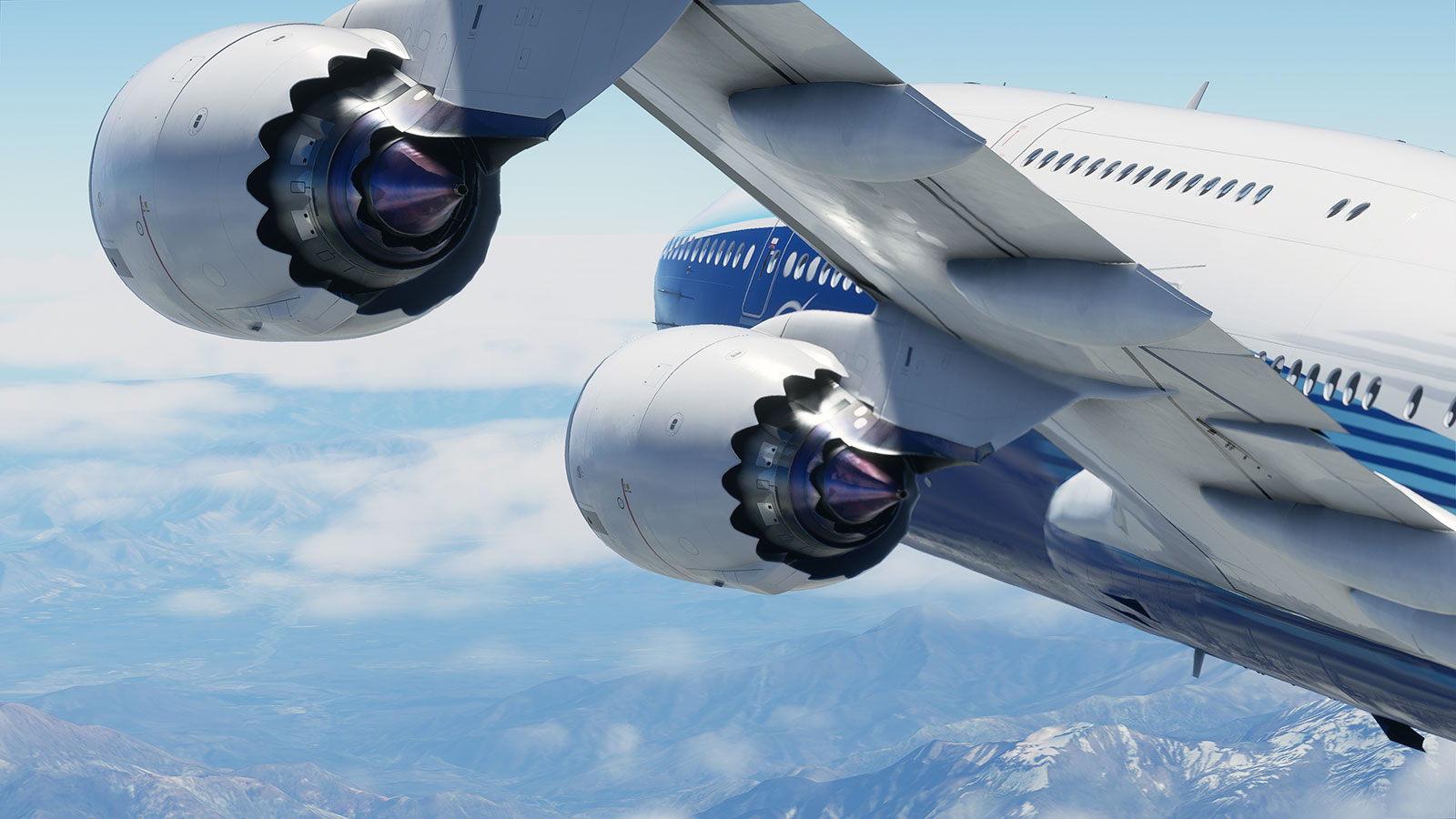 747 engine and wing at high altitude.