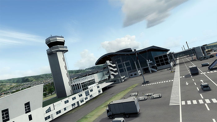 Terminal and control tower at Reunion airport.