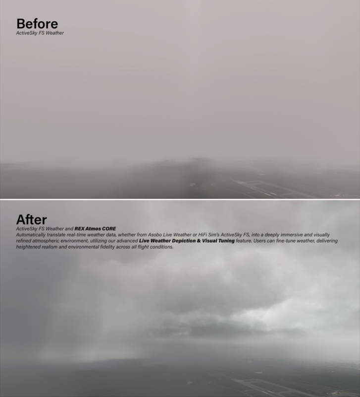 Showing mist/fog clouds before and after with default MSFS 2024 and after eith Atmos CORE installed.
