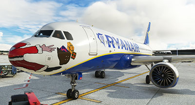 Ryanair Santa Livery applied to an Airbus in Microsoft Flight Simulator after installing this freeware livery mod.
