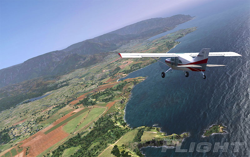 Flying over coastline.