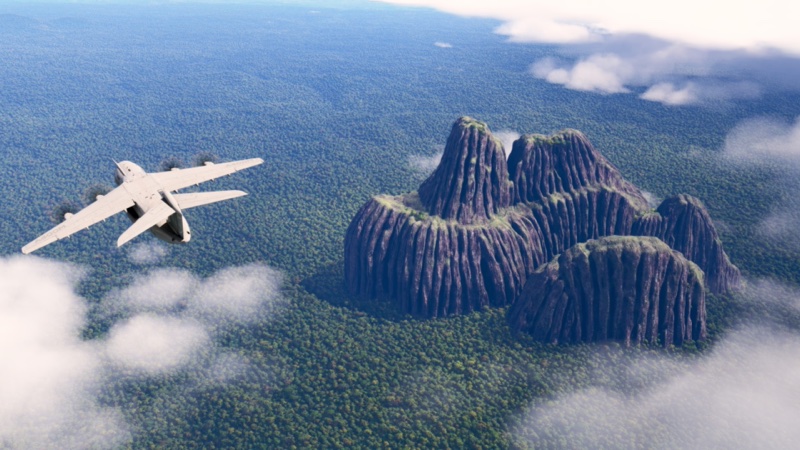 Military aircraft flying over forest and mountains in FS2024.