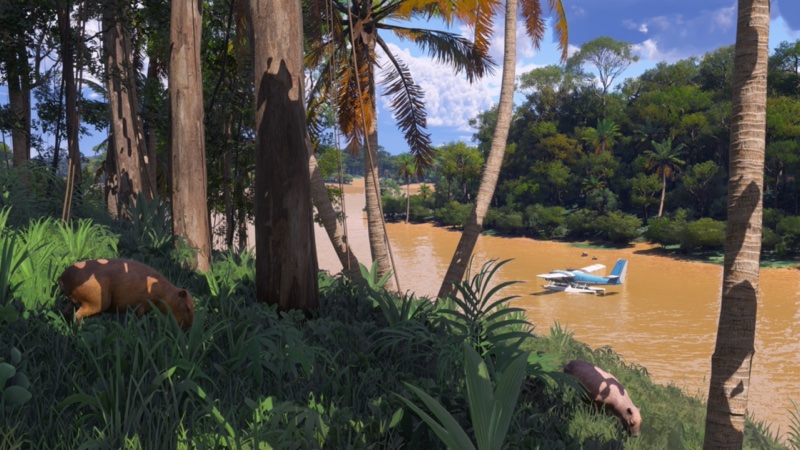 Thick forest vegetation with aircraft in brown muddy water in MSFS 2024.