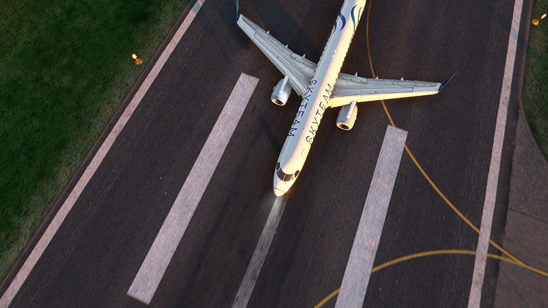 Et SkyTeam -fly med et overheadbillede af landingsbanen i Microsoft Flight Simulator
