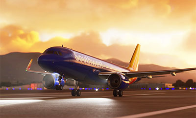 Southwest Airlines Airbus A320 add-on being shown in Microsoft Flight Simulator (MSFS) 2020 release.