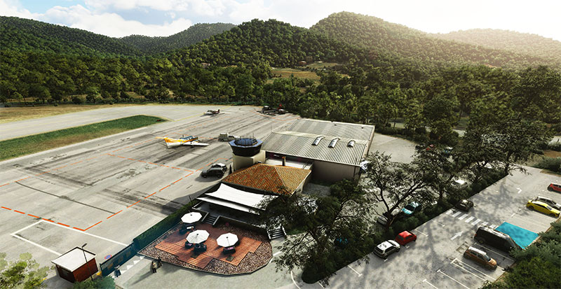 An overhead view of St. Tropez airport being displayed in Microsoft Flight Simulator.