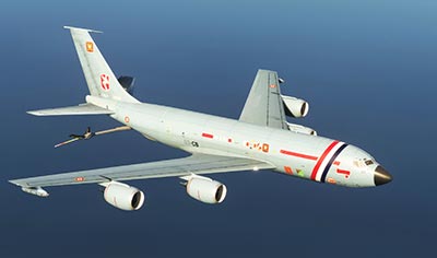 The C-135F Stratolifter shown in flight over the ocean in MSFS after installing the mod.