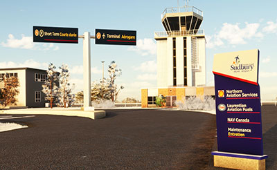 Showing the control tower and airport signage at Sudbury in MSFS after installing the mod.