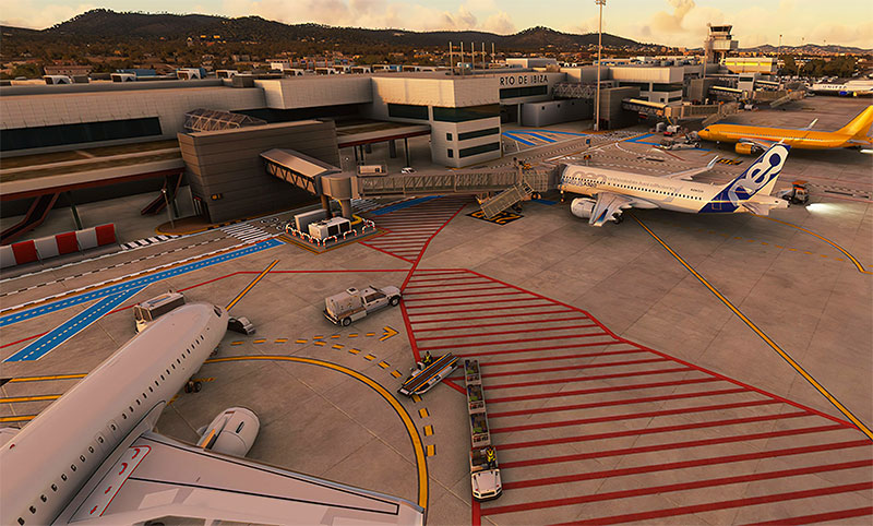 A busy terminal and aircraft gates displayed using the Ibiza scenery add-on.