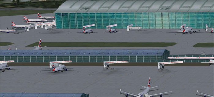 Terminal 5 at Heathrow with British Airways aircraft at gates.