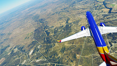 Flying over Texas in a 747 Southwest displayed after installing this freeware mod in X-Plane 12.