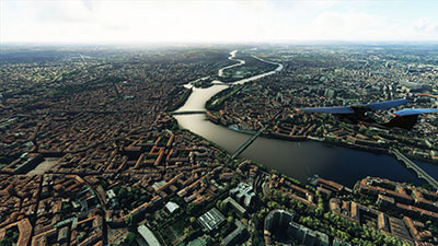 The city of Toulouse and the river shown in Microsoft Flight Simulator after installing this mod.