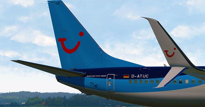 The tail of a Tui 737 in X-Plane 11 - showing how realistic thing can be.