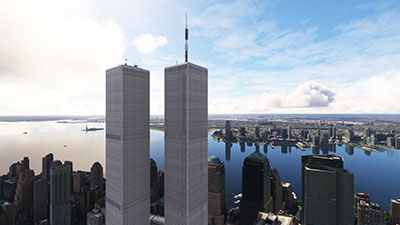 Image shows the Twin Towers (World Trade Center) existing within the new Microsoft Flight Simulator after installing this freeware mod.