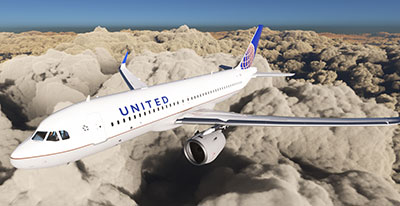 The United Airlines A320 livery shown in MSFS 2020.