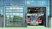 Front view of the fire station with fire truck.