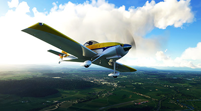 A screenshot showing the Van's RV-7 in flight and performing a turn in Microsoft Flight Simulator after installing this freeware mod.
