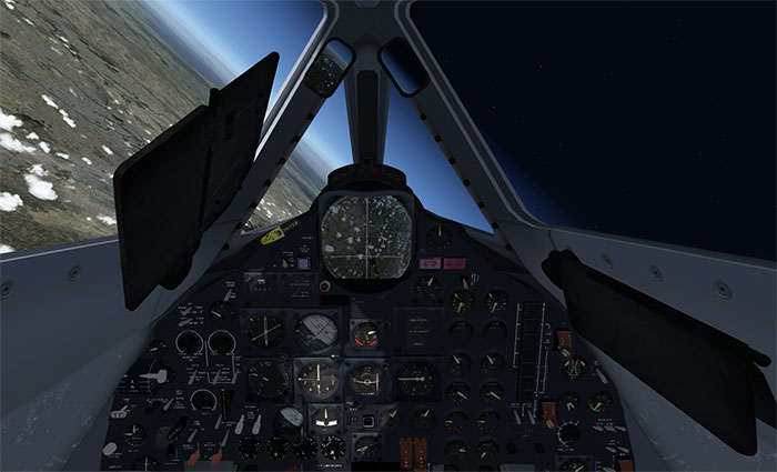 Image shows the virtual cockpit of the aircraft with Earth on one side and Space on the other.