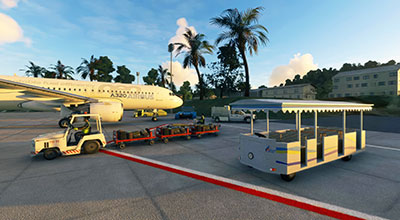 Screenshot showing an aircraft parked at a gate in Koh Samui Airport in MSFS after installing this freeware mod.