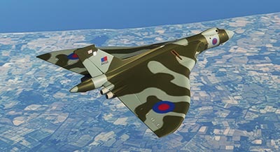 The Vulcan B2 bomber in flight in MSFS after installing this freeware mod.