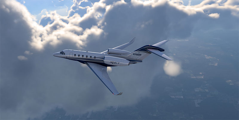 XPJet in X-Plane 12 with new cloud weather system displayed in the background.