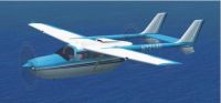 Light blue Cessna 337 Skymaster in flight.