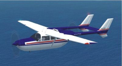 BLue and red Cessna 337 Skymaster in flight.