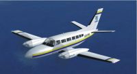 Cessna 404 in flight over water.