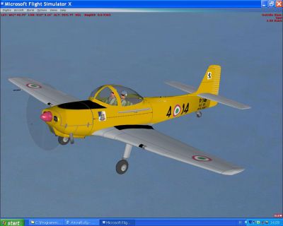 Yellow Piaggio P-148 in flight.