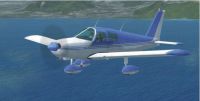 Blue and white Piper PA180 in flight.