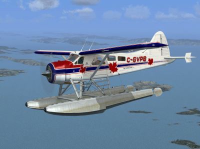 SaltSpring Air DHC-2 Beaver in flight over Gulf Islands.