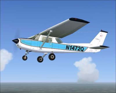 White and blue Cessna 150L in flight.
